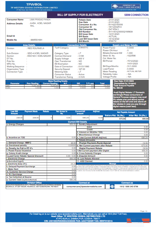 INDIA TPWODL utility bill Word and PDF template
